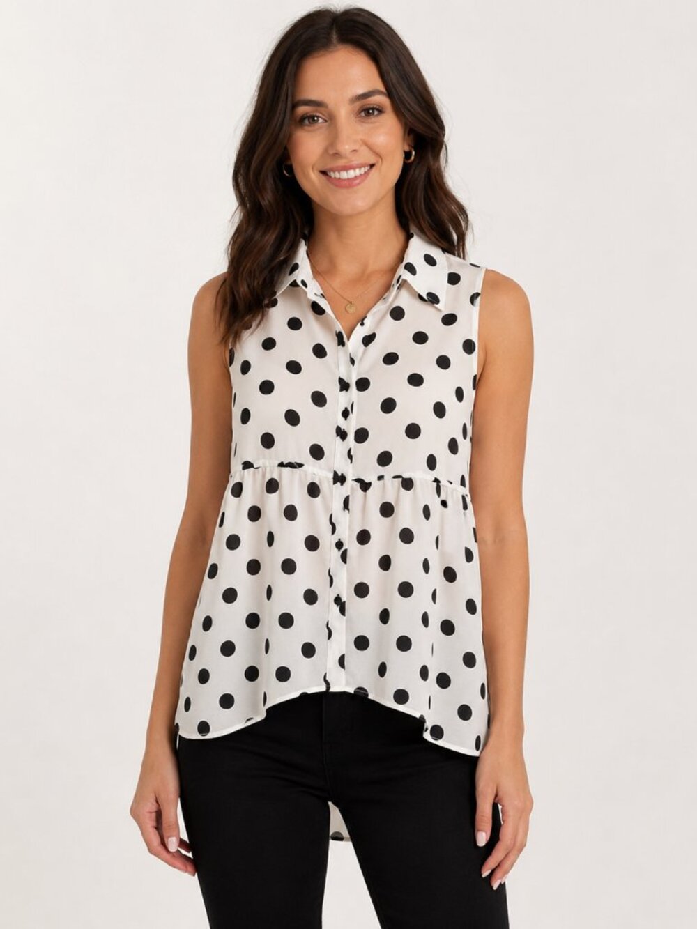 HeartSoul White Black Polka Dot Sleeveless Blouse Size Large High Low Hem Top